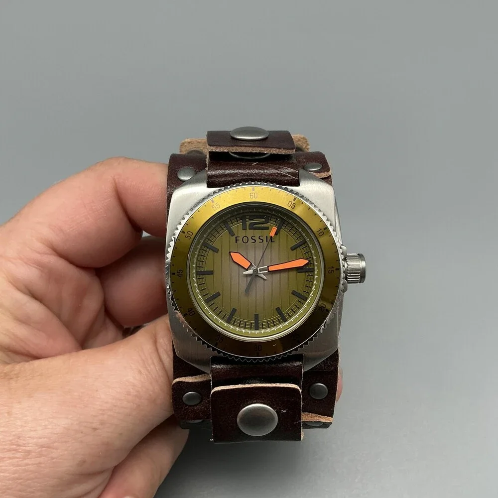 Fossil Mens Watch 38mm Bronze Dial Brown Bund Leather MB-1043 New Battery